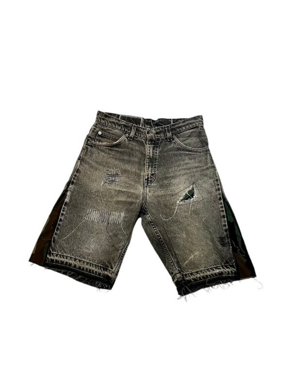 1-800 Rework Vintage Now Men's Ripped Denim Shorts with Camo Flares W 30