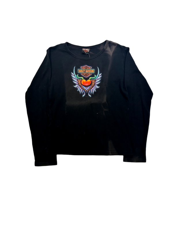 Vintage Harley Davidson Black Heart Angel Wings Long Sleeve Tee Size M